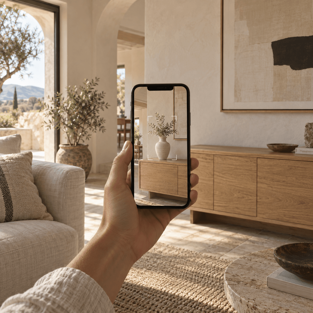 Illustration de la visualisation chez soi : un téléphone montre un vase ajouté dans un salon lumineux.